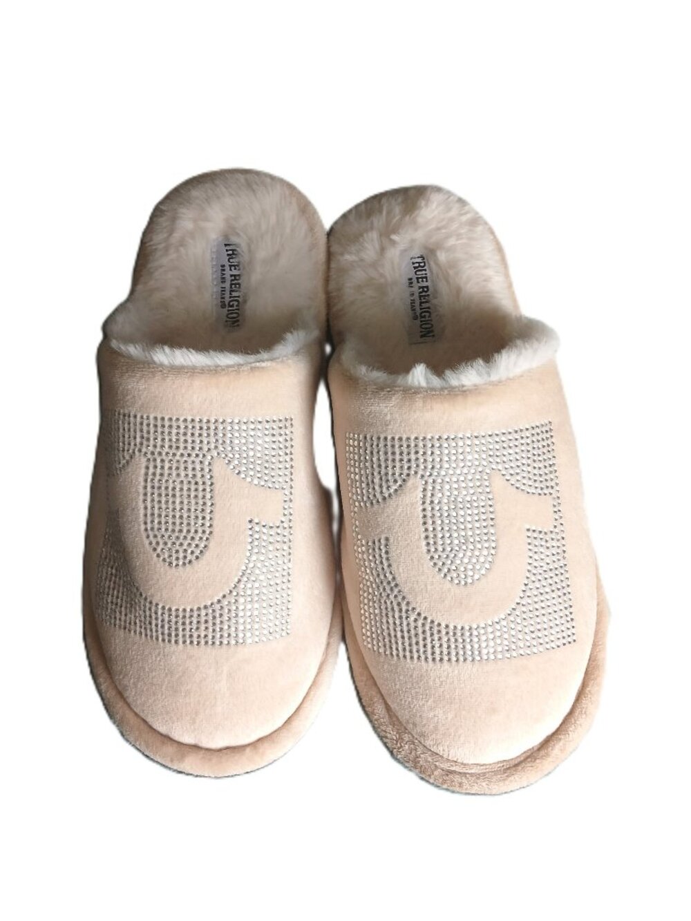 True Religion Crystal Horseshoe Muffin Slippers Cream S/M M(6.5-7.5) NWOT